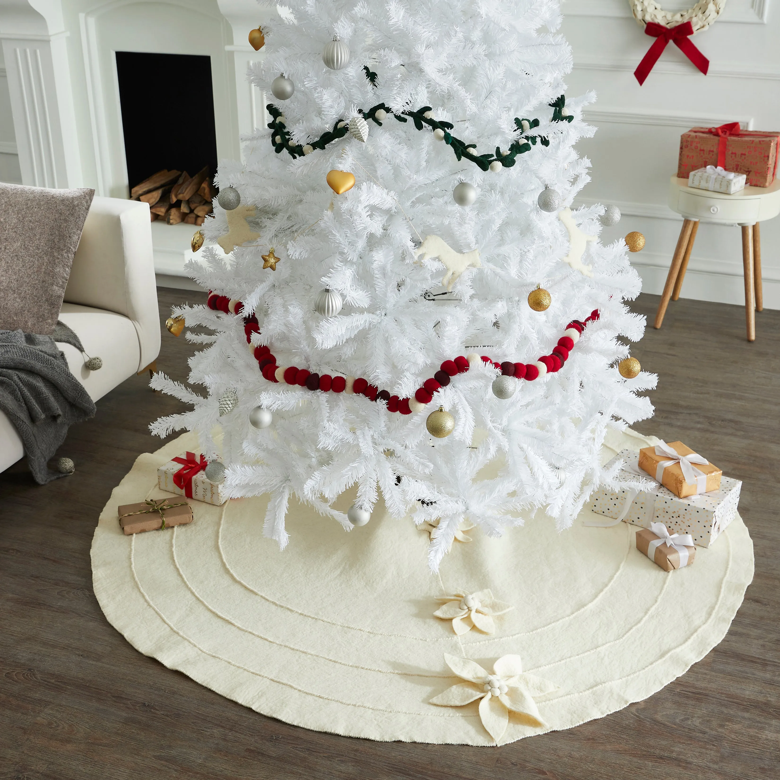 72" Cream Poinsettia Buttons Christmas Tree Skirt in Hand Felted Wool
