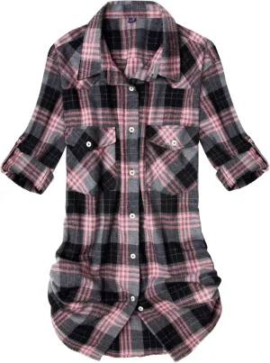 Alimens & Gentle Womens Plaid Flannel Shirts Long Sleeve Roll Up Casual Button Down Shirt