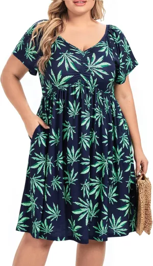 BEDOAR Women's Plus Size V Neck Midi Dresses Casual Pleated Flowy Swing Soft Short Sleeve Dresses for Party