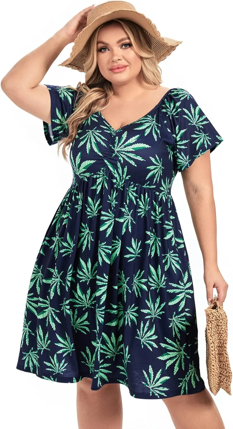 BEDOAR Women's Plus Size V Neck Midi Dresses Casual Pleated Flowy Swing Soft Short Sleeve Dresses for Party