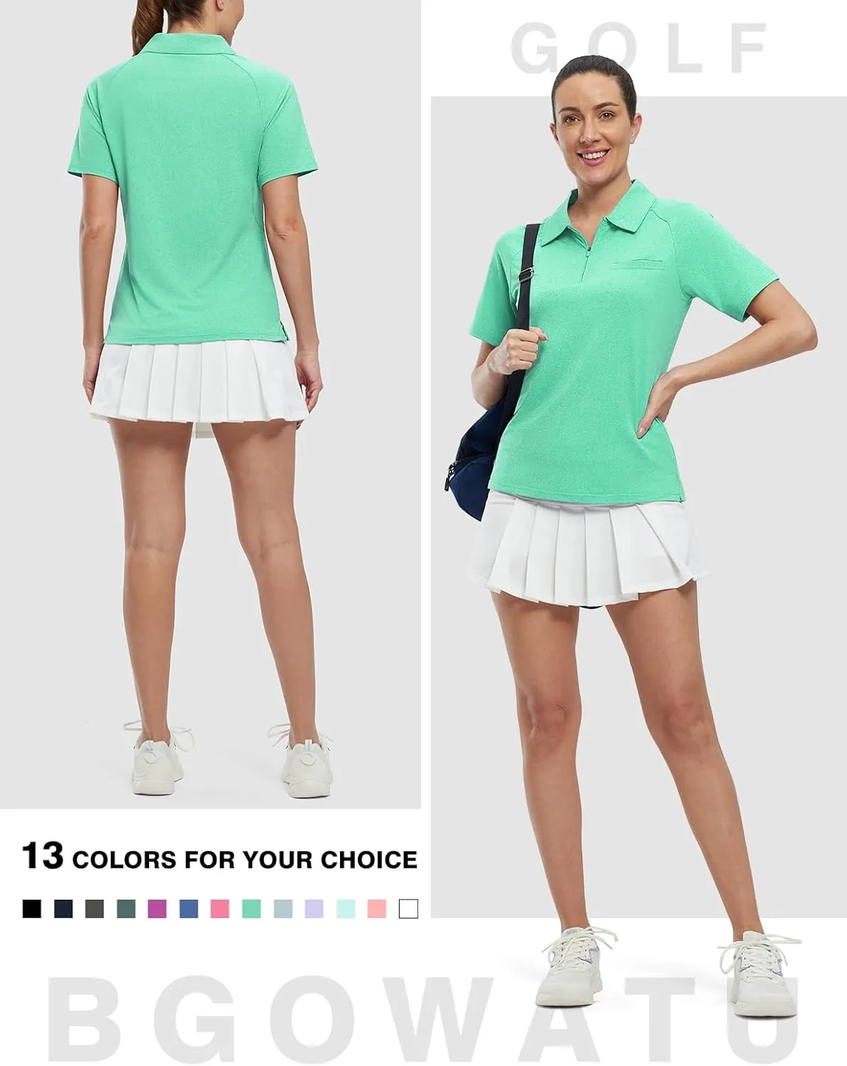 BGOWATU Women's Short Sleeve Golf Polo Shirts 1/4 Zip Tennis Tops Collared T-Shirts UV Protection Quick Dry