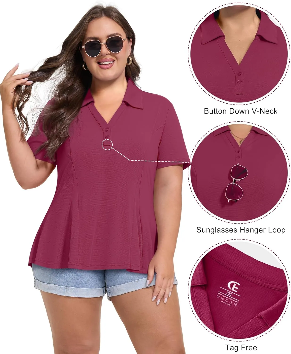 Casei Women's Plus Size Golf Polo Shirt with Sunglasses Holder UPF 50  Tunic Tops Casual Workout Work Shirts