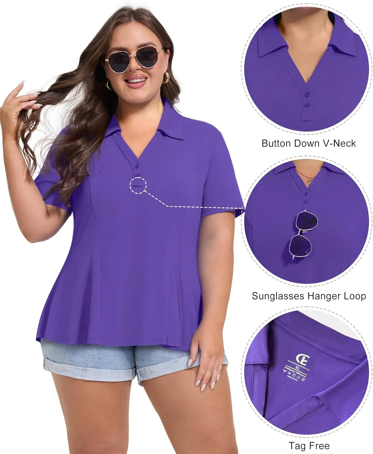 Casei Women's Plus Size Golf Polo Shirt with Sunglasses Holder UPF 50  Tunic Tops Casual Workout Work Shirts