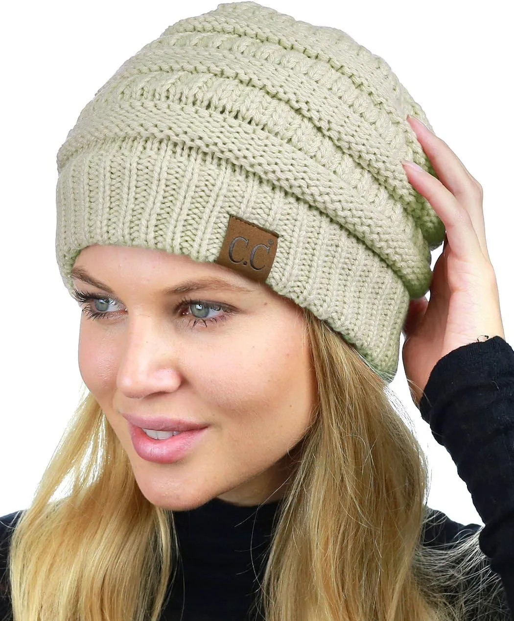 C.C Unisex Chunky Soft Stretch Cable Knit Warm Fuzzy Lined Skully Beanie