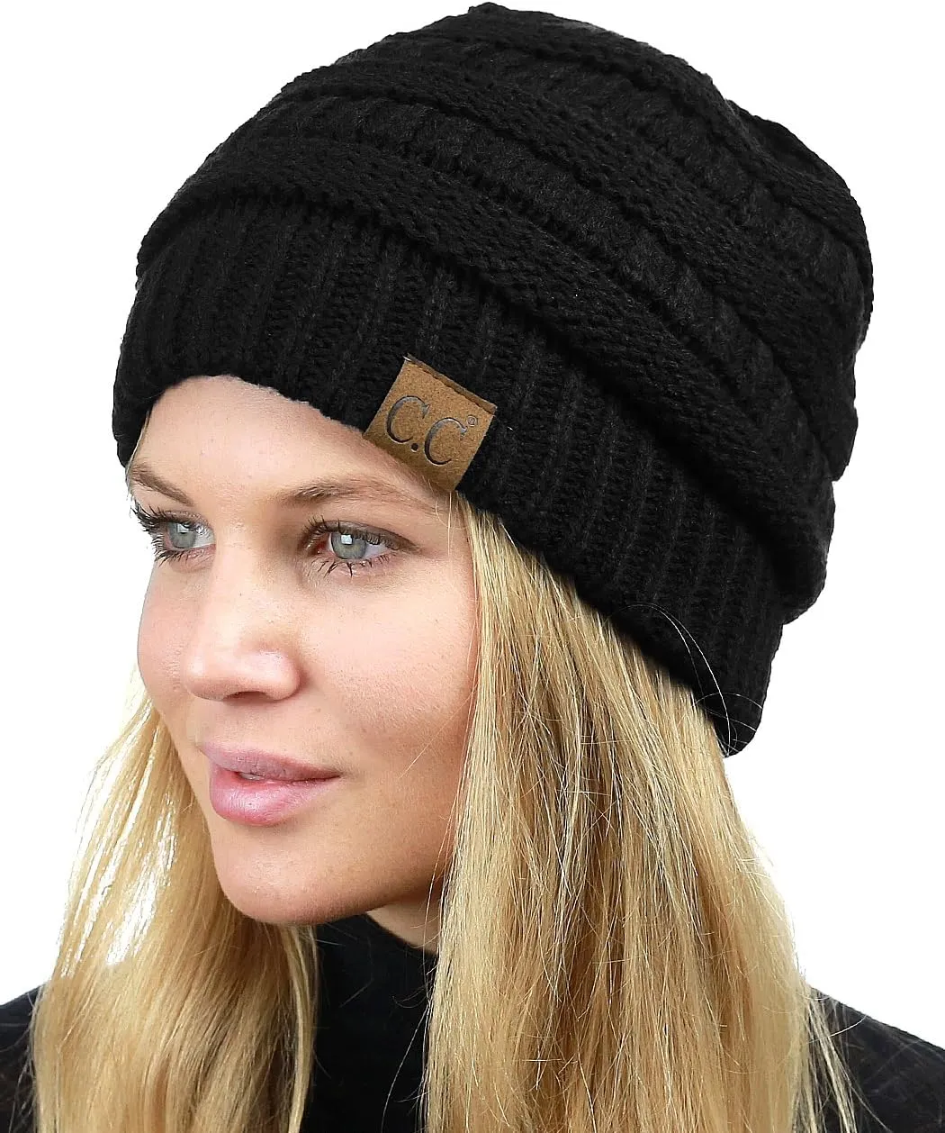 C.C Unisex Chunky Soft Stretch Cable Knit Warm Fuzzy Lined Skully Beanie