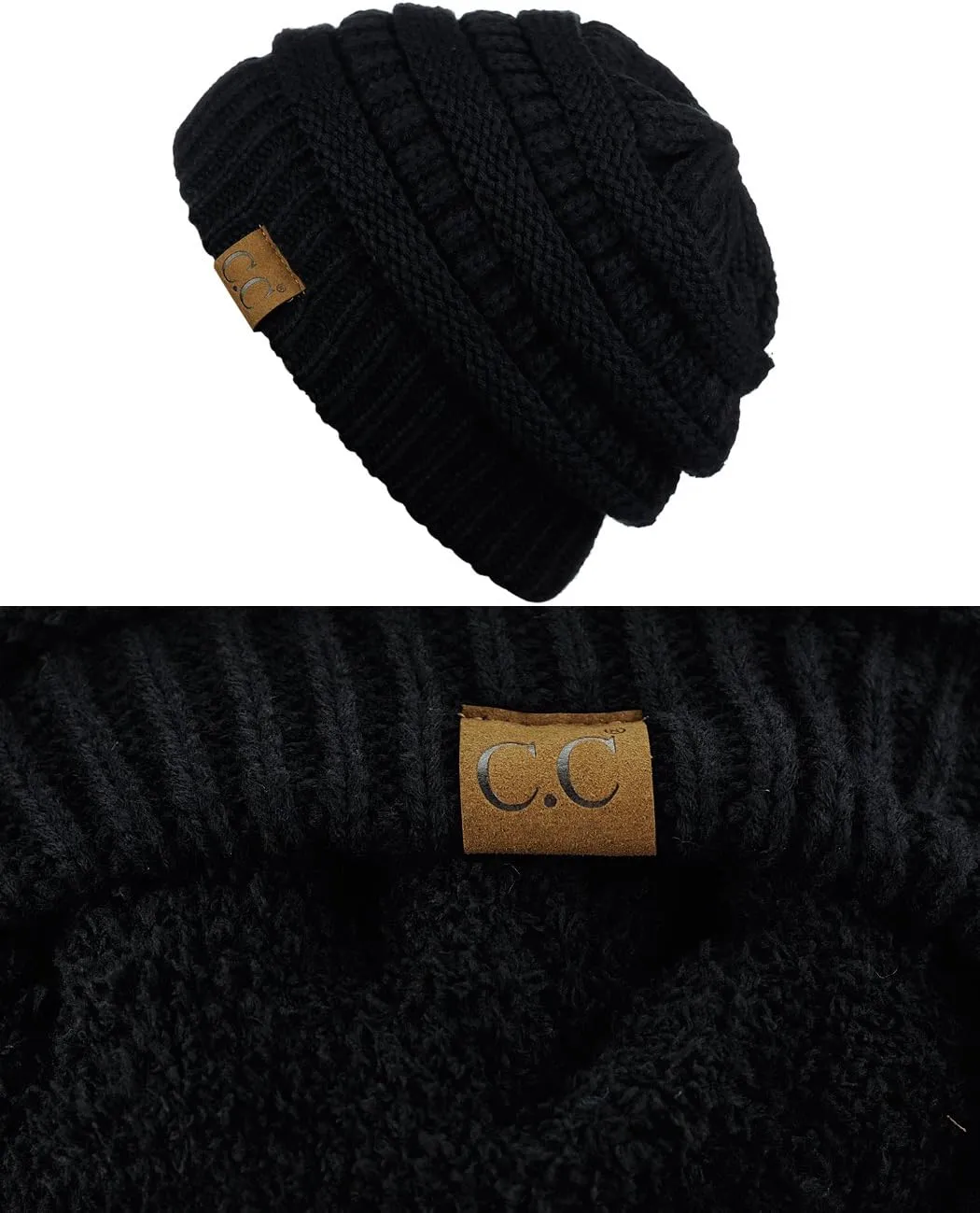 C.C Unisex Chunky Soft Stretch Cable Knit Warm Fuzzy Lined Skully Beanie