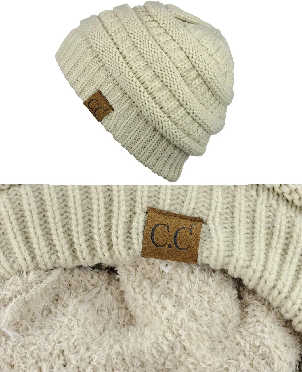 C.C Unisex Chunky Soft Stretch Cable Knit Warm Fuzzy Lined Skully Beanie