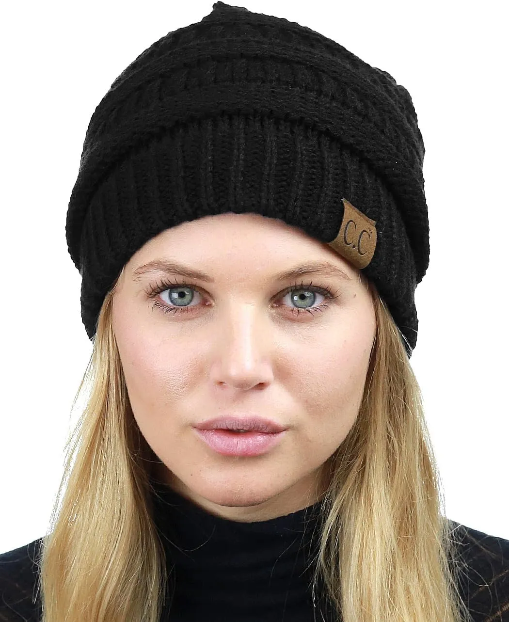 C.C Unisex Chunky Soft Stretch Cable Knit Warm Fuzzy Lined Skully Beanie