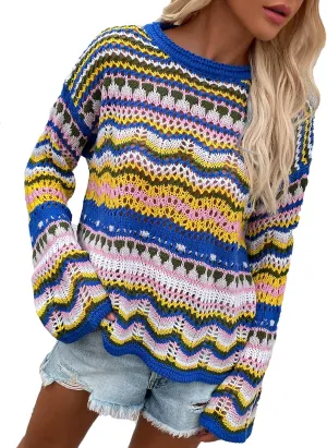 CORIRESHA Women's Y2K Colorful Stripes Crochet Sheer Long Sleeve Casual Knit Pullover Sweater