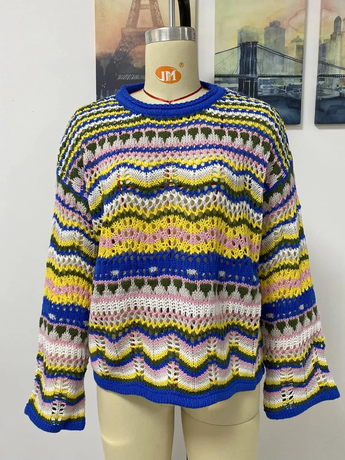 CORIRESHA Women's Y2K Colorful Stripes Crochet Sheer Long Sleeve Casual Knit Pullover Sweater