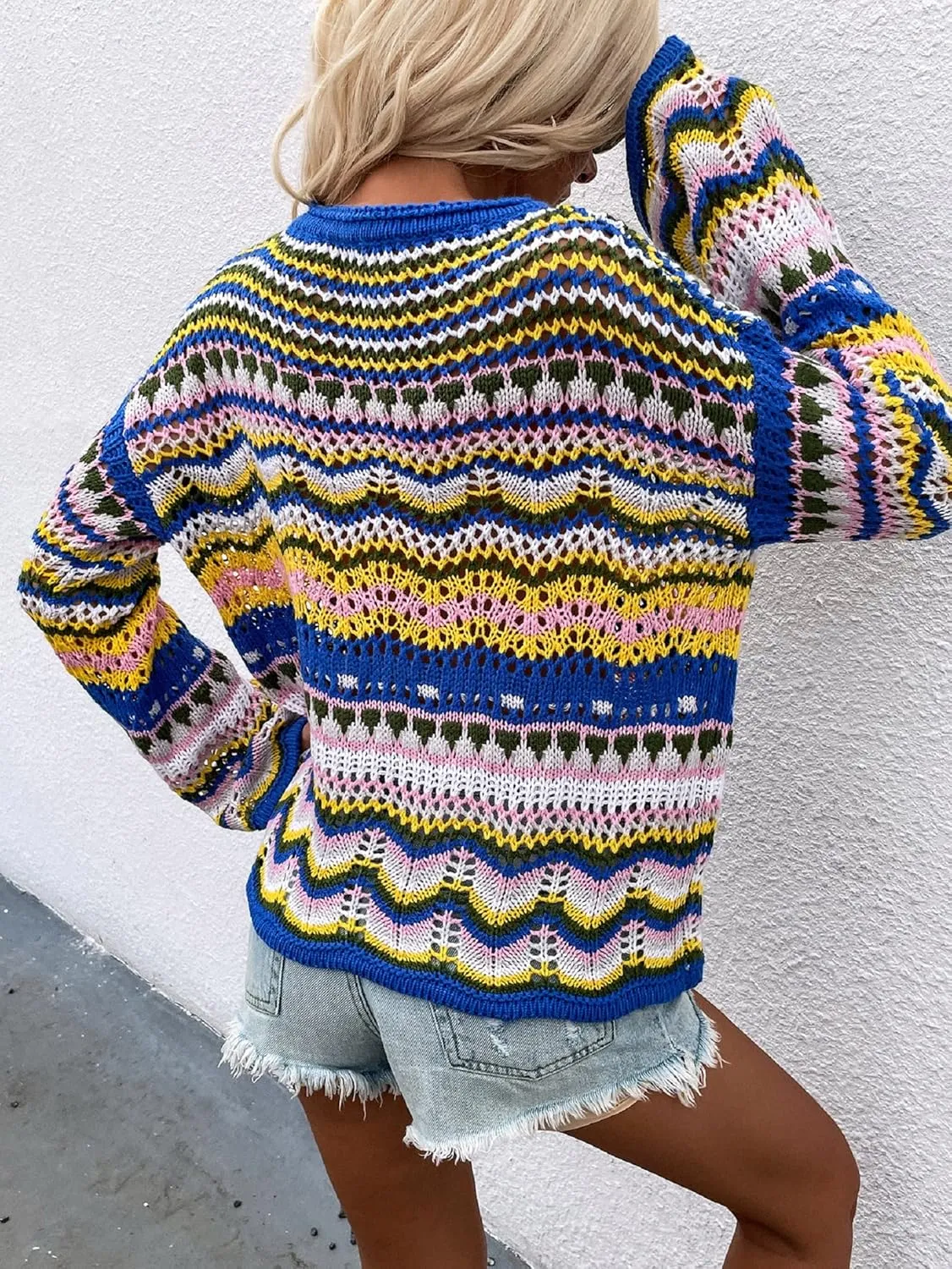 CORIRESHA Women's Y2K Colorful Stripes Crochet Sheer Long Sleeve Casual Knit Pullover Sweater