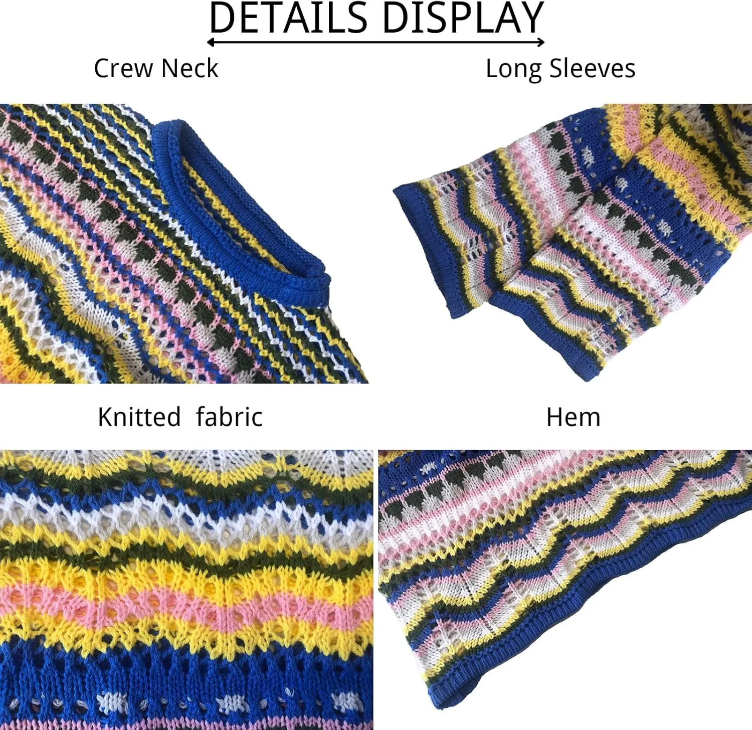 CORIRESHA Women's Y2K Colorful Stripes Crochet Sheer Long Sleeve Casual Knit Pullover Sweater