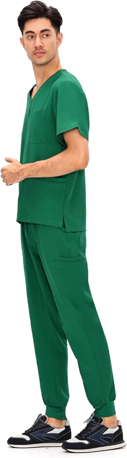 COZYFIT Scrubs for Men - 4 Pockets V-Neck Scrub Top and 7 Pockets Jogger Pants Mens Scrubs Set