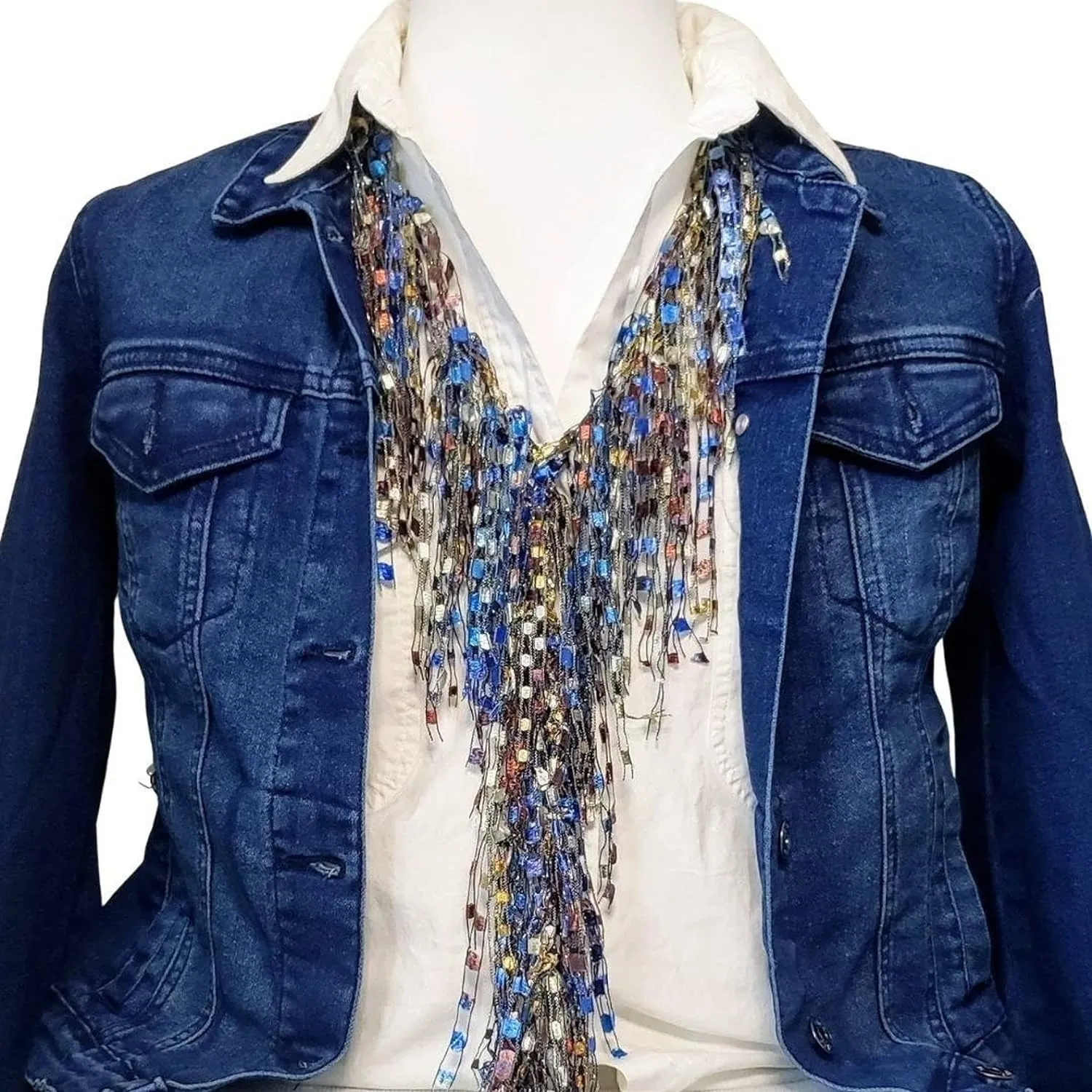 Denim Boho Scarf for Women - Fringe Scarf Infinity - Denim Necklace - Autumn Fall Spring Summer Scarf for Women Lightweight - Women's Scarf for Denim Jacket or Blue Jeans - Mother's Day Scarf Gift - Gift for Mom