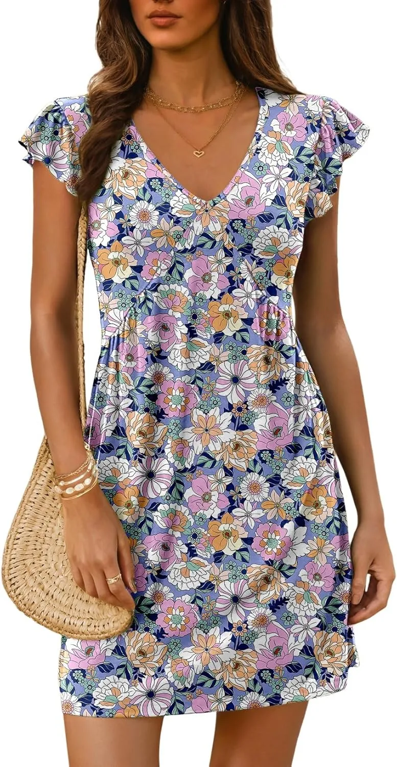 Dokotoo Women's Summer Dresses 2025 Boho Floral Beach Casual Deep V Neck Sundress Ruffle Sleeve Flowy Mini Dress