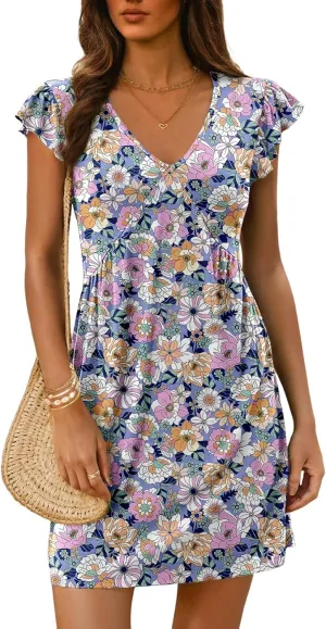 Dokotoo Women's Summer Dresses 2025 Boho Floral Beach Casual Deep V Neck Sundress Ruffle Sleeve Flowy Mini Dress