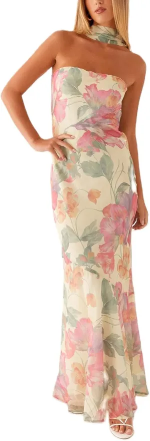 Floral Strapless Maxi Dress with Neck Scarf Sexy Backless Bodycon Tube Formal Long Dresses Flower Mesh Summer Sundress