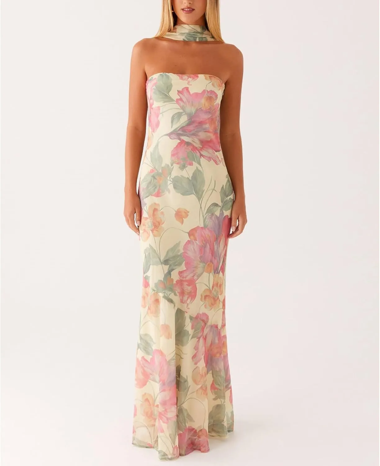 Floral Strapless Maxi Dress with Neck Scarf Sexy Backless Bodycon Tube Formal Long Dresses Flower Mesh Summer Sundress