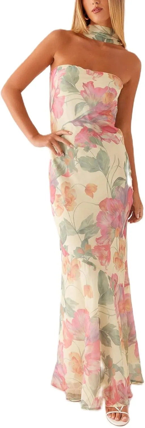 Floral Strapless Maxi Dress with Neck Scarf Sexy Backless Bodycon Tube Formal Long Dresses Flower Mesh Summer Sundress