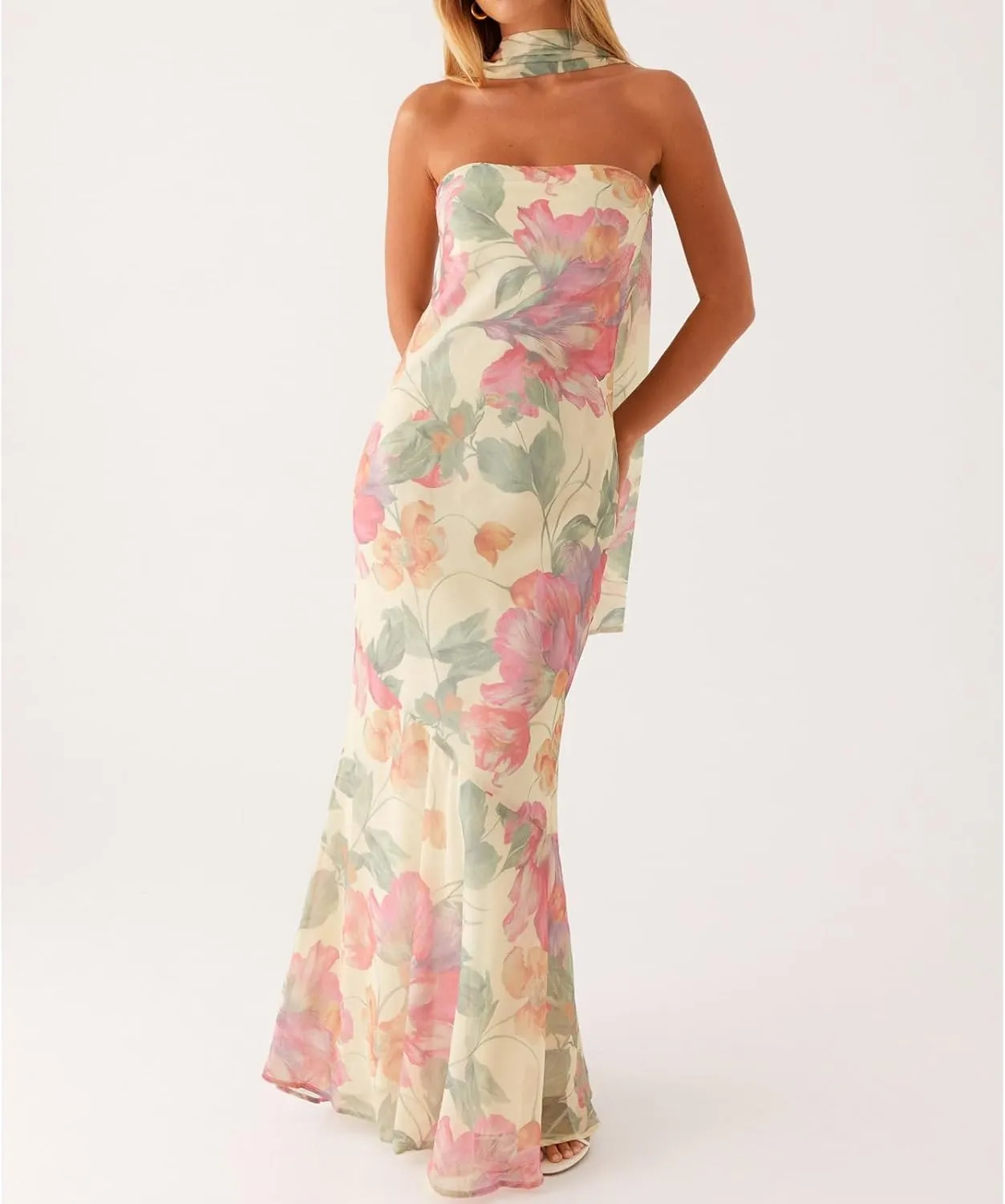 Floral Strapless Maxi Dress with Neck Scarf Sexy Backless Bodycon Tube Formal Long Dresses Flower Mesh Summer Sundress