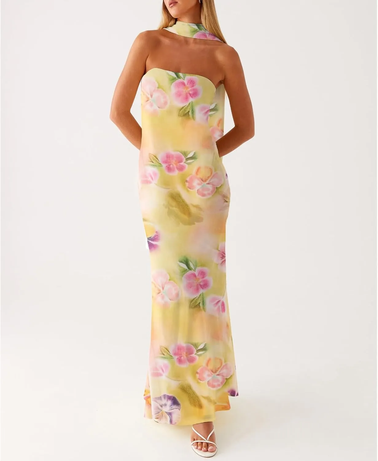 Floral Strapless Maxi Dress with Neck Scarf Sexy Backless Bodycon Tube Formal Long Dresses Flower Mesh Summer Sundress