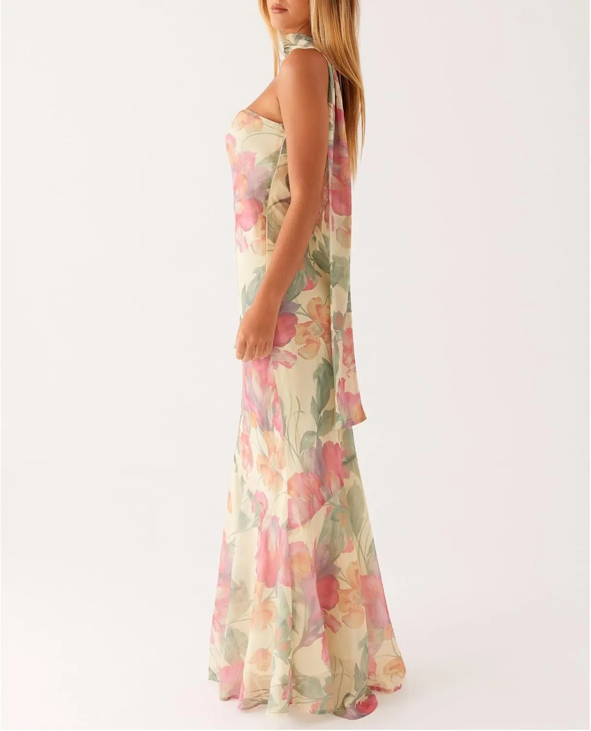 Floral Strapless Maxi Dress with Neck Scarf Sexy Backless Bodycon Tube Formal Long Dresses Flower Mesh Summer Sundress