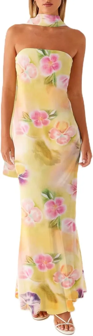 Floral Strapless Maxi Dress with Neck Scarf Sexy Backless Bodycon Tube Formal Long Dresses Flower Mesh Summer Sundress