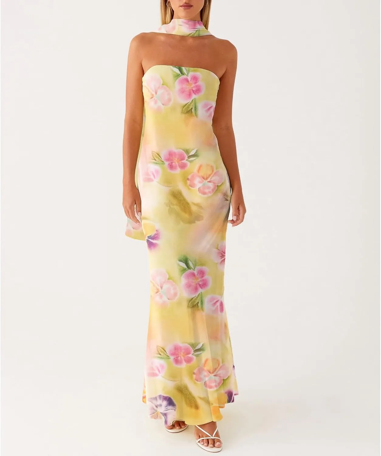 Floral Strapless Maxi Dress with Neck Scarf Sexy Backless Bodycon Tube Formal Long Dresses Flower Mesh Summer Sundress