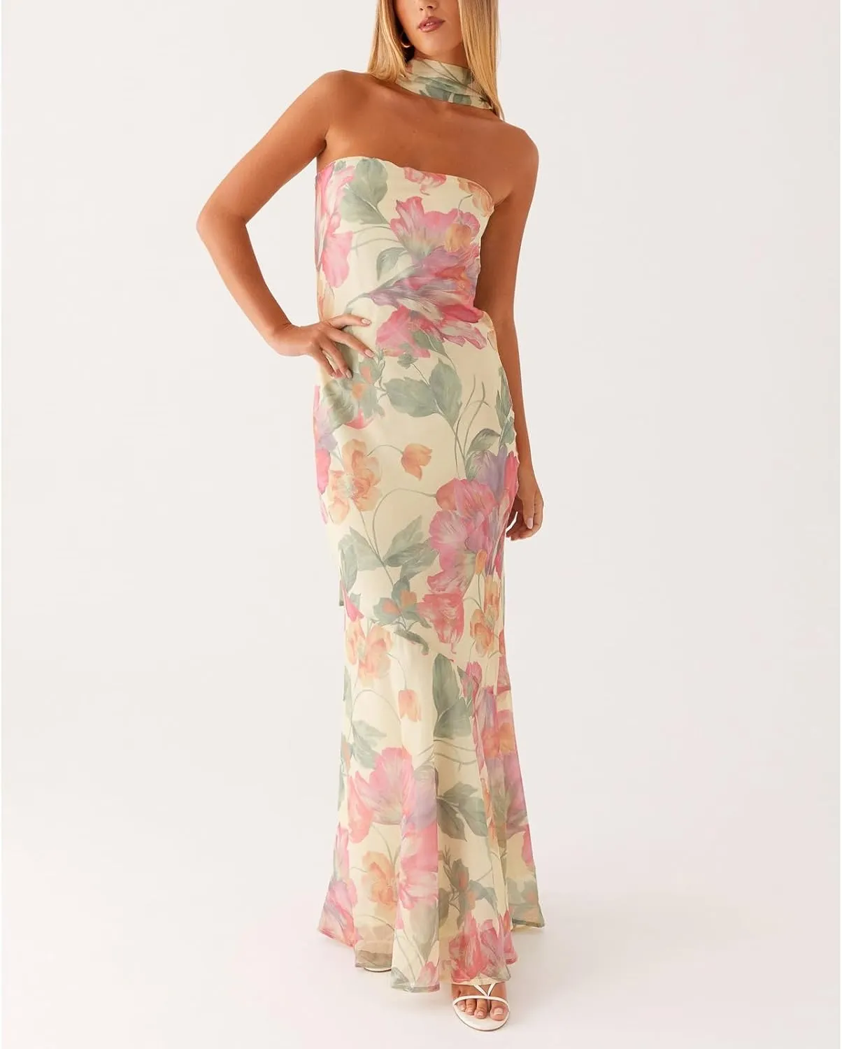 Floral Strapless Maxi Dress with Neck Scarf Sexy Backless Bodycon Tube Formal Long Dresses Flower Mesh Summer Sundress