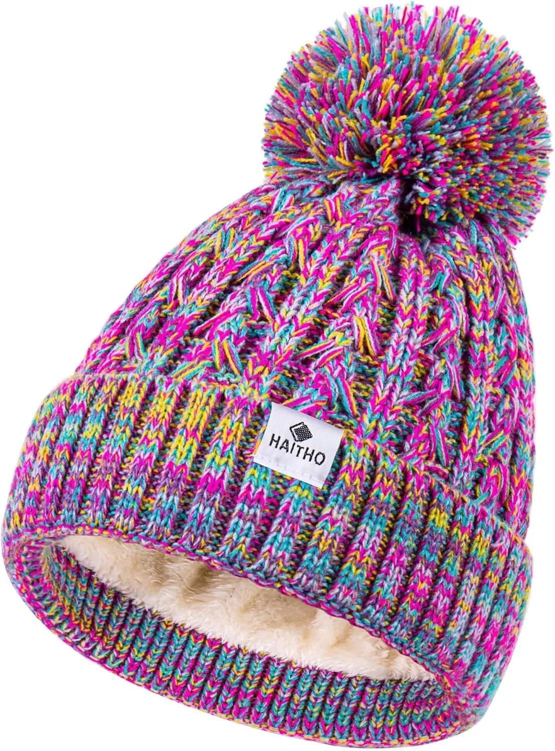 HAITHO Kids Toddler Winter Hat with Pom Pom, 2 Size Kids Beanie Hats for Girls Boys, Cute Warm Fleece Lined Knit Beanies Cap