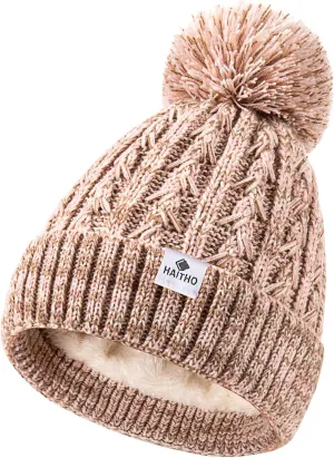 HAITHO Kids Toddler Winter Hat with Pom Pom, 2 Size Kids Beanie Hats for Girls Boys, Cute Warm Fleece Lined Knit Beanies Cap