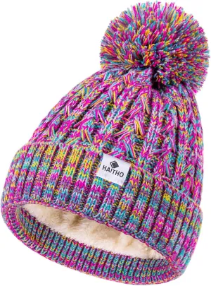 HAITHO Kids Toddler Winter Hat with Pom Pom, 2 Size Kids Beanie Hats for Girls Boys, Cute Warm Fleece Lined Knit Beanies Cap
