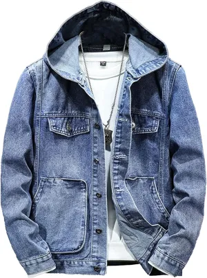 JEKE-DG Men Hoodie Jean Jacket Casual Slim Fit Denim Jacket Casual Long Sleeve Distressed Trucker Outwear with Hood