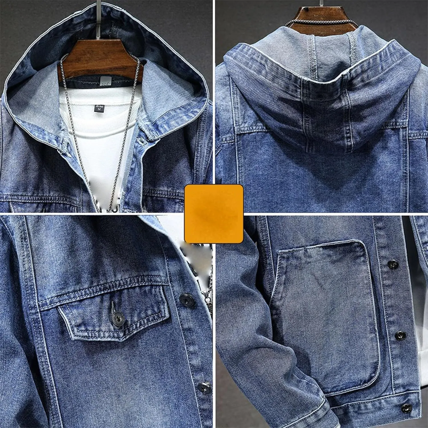 JEKE-DG Men Hoodie Jean Jacket Casual Slim Fit Denim Jacket Casual Long Sleeve Distressed Trucker Outwear with Hood
