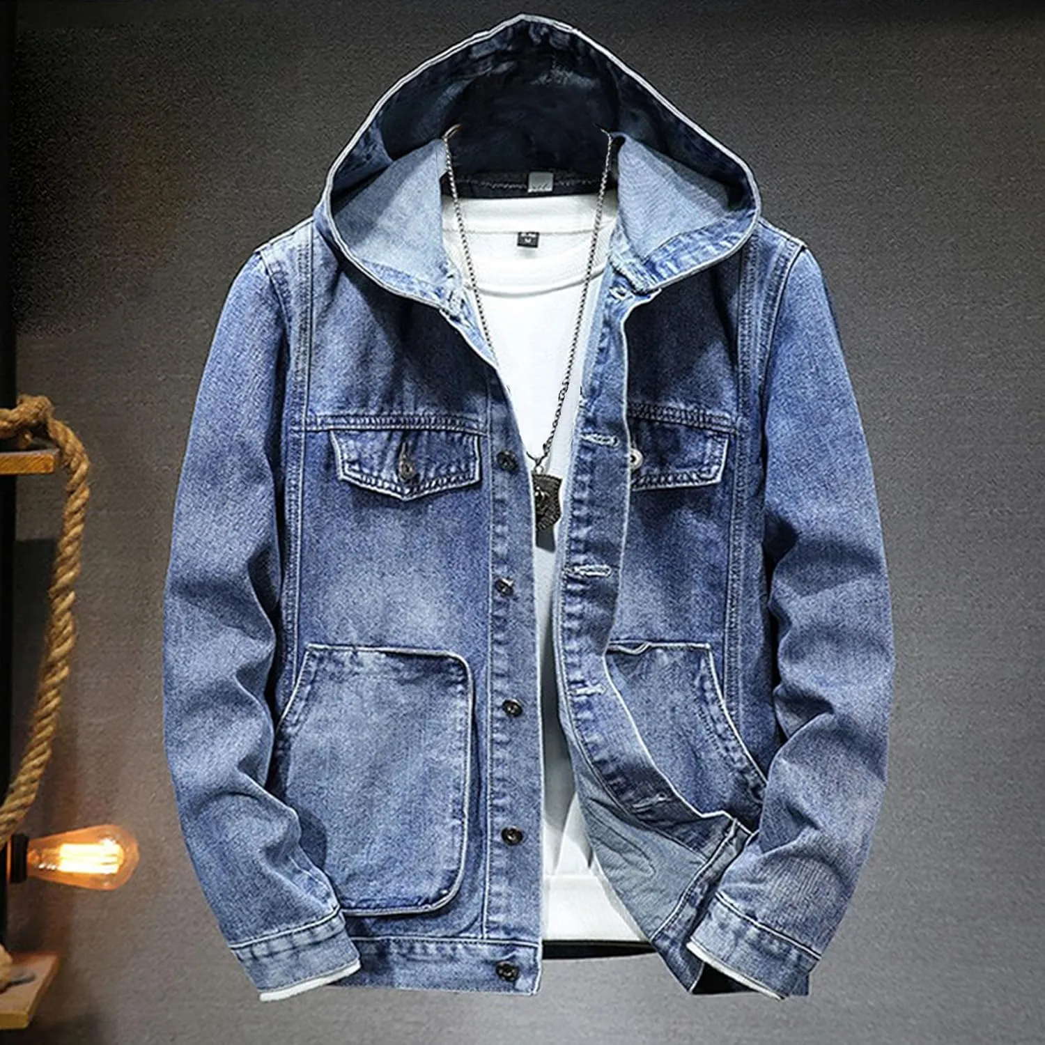 JEKE-DG Men Hoodie Jean Jacket Casual Slim Fit Denim Jacket Casual Long Sleeve Distressed Trucker Outwear with Hood