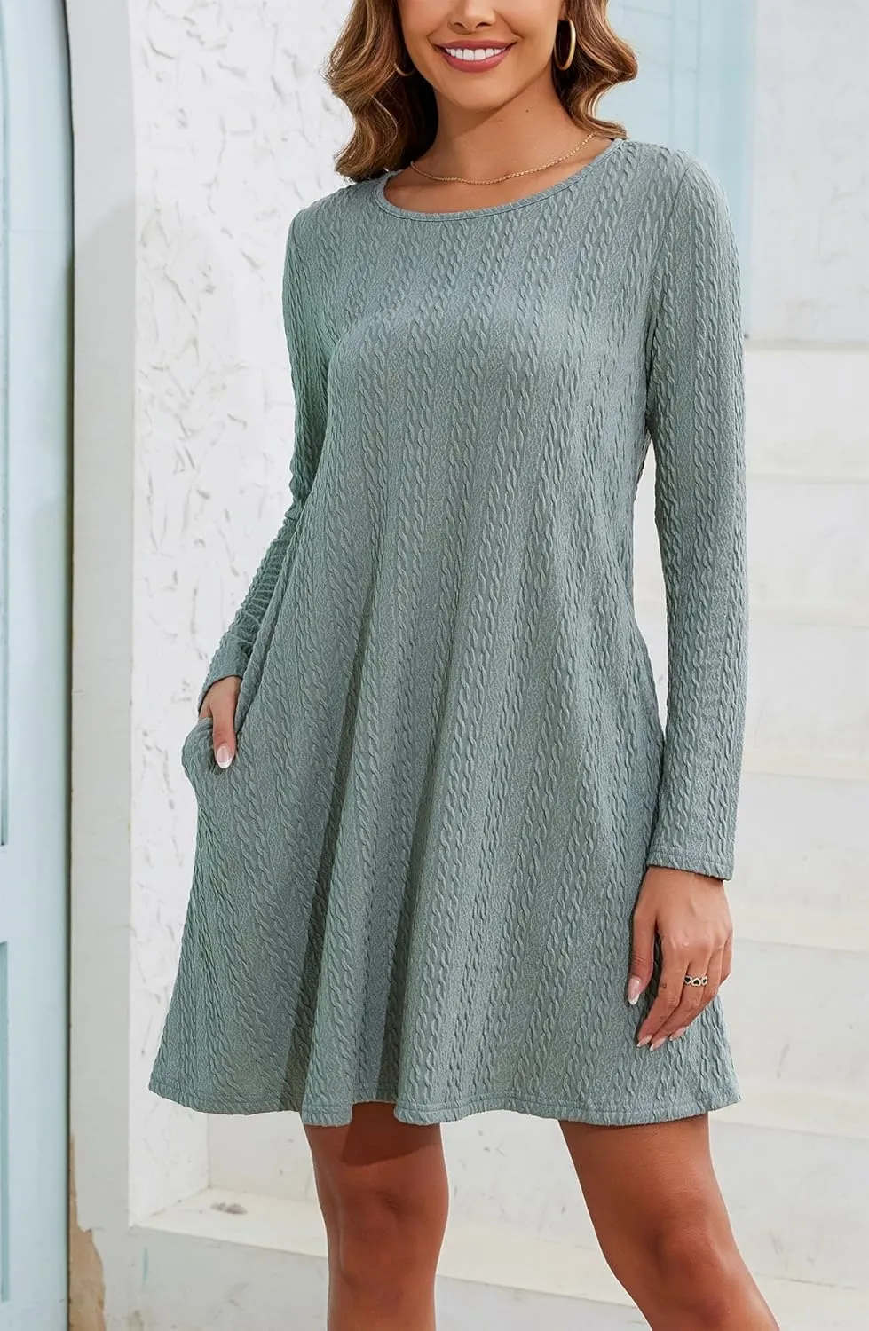 Kormei Womens Long Sleeve A-Line 2024 Fall Dresses with Pockets Knit Casual Crew Neck Knee Length Sweater Dress