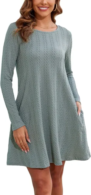 Kormei Womens Long Sleeve A-Line 2024 Fall Dresses with Pockets Knit Casual Crew Neck Knee Length Sweater Dress