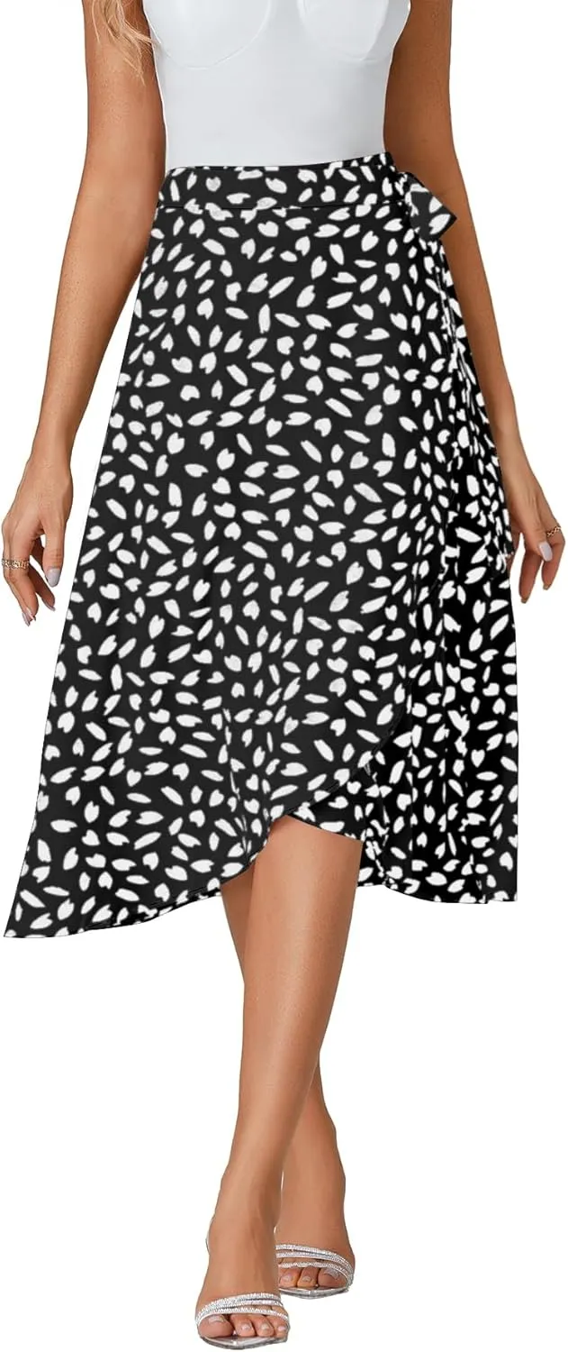 LYANER Women's Floral Print Wrap Front Self Tie Knot Ruffle Hem Split Midi Skirt