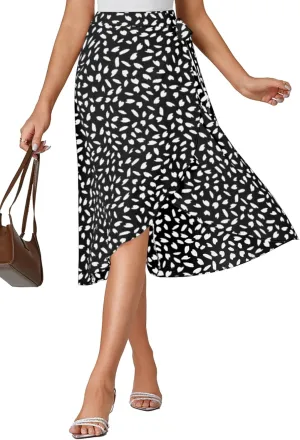 LYANER Women's Floral Print Wrap Front Self Tie Knot Ruffle Hem Split Midi Skirt