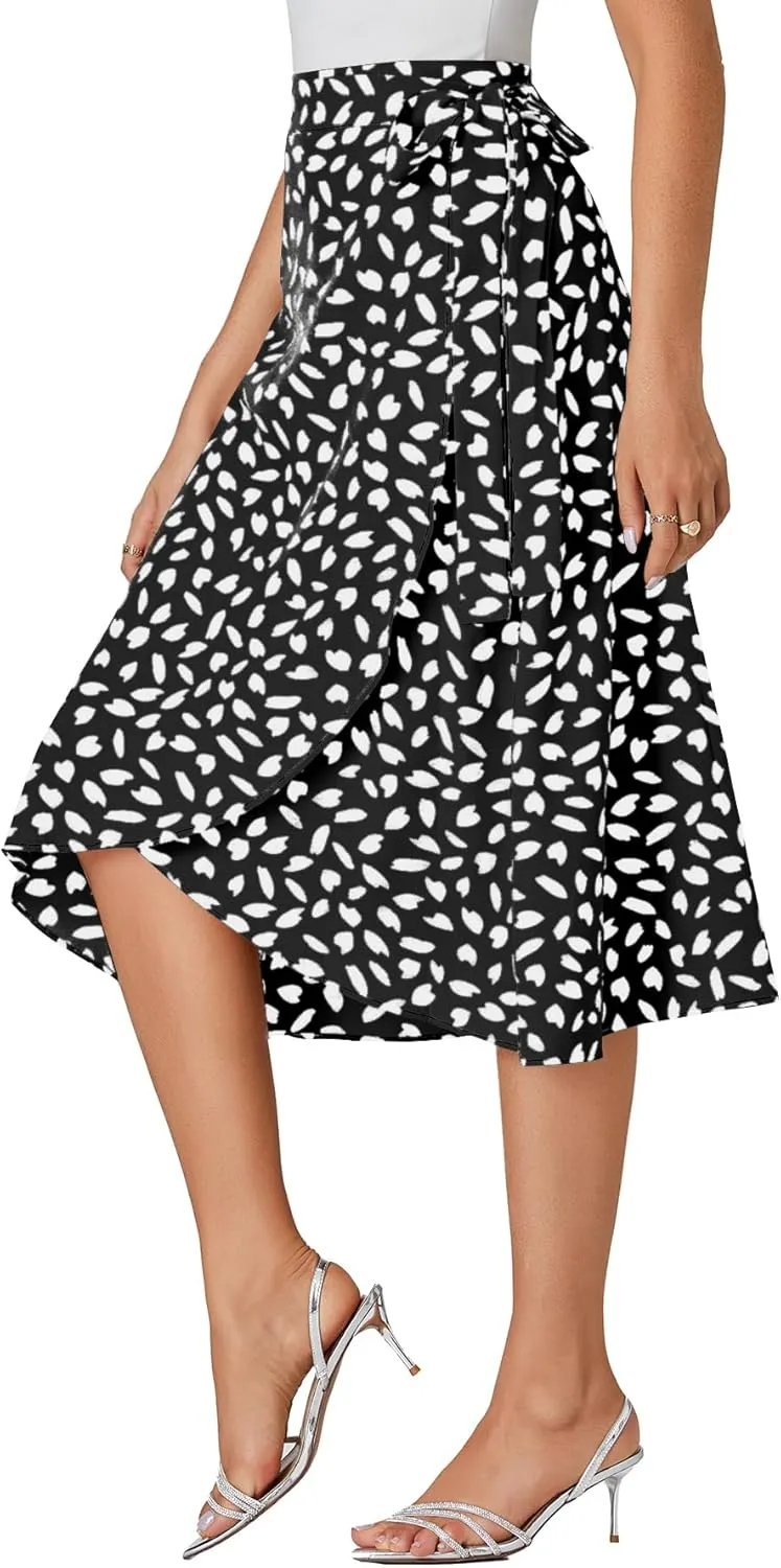 LYANER Women's Floral Print Wrap Front Self Tie Knot Ruffle Hem Split Midi Skirt