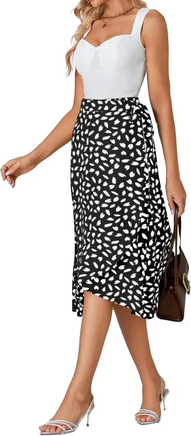 LYANER Women's Floral Print Wrap Front Self Tie Knot Ruffle Hem Split Midi Skirt