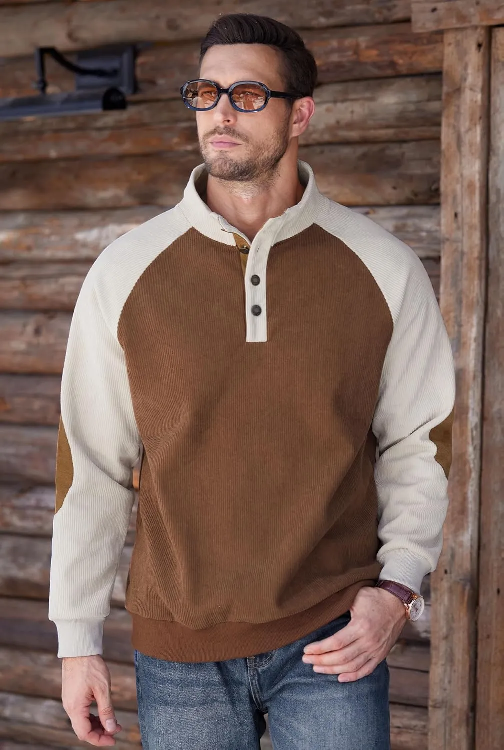 Mens Corduroy Fleece Lined Sweatshirts Long Sleeve Heavyweight Casual Button Pullover (S-XXL)