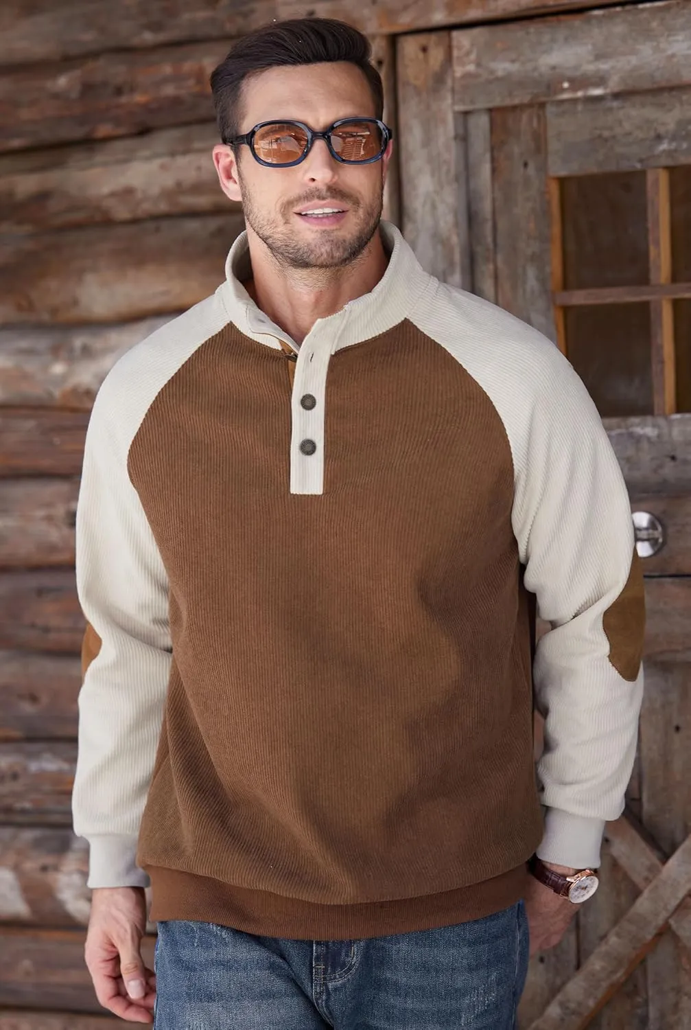 Mens Corduroy Fleece Lined Sweatshirts Long Sleeve Heavyweight Casual Button Pullover (S-XXL)