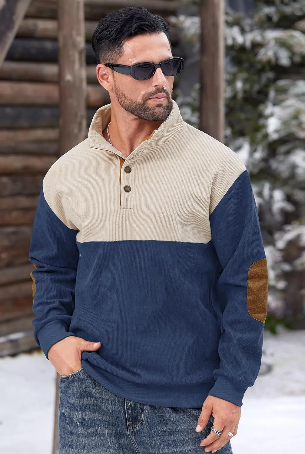 Mens Corduroy Fleece Lined Sweatshirts Long Sleeve Heavyweight Casual Button Pullover (S-XXL)