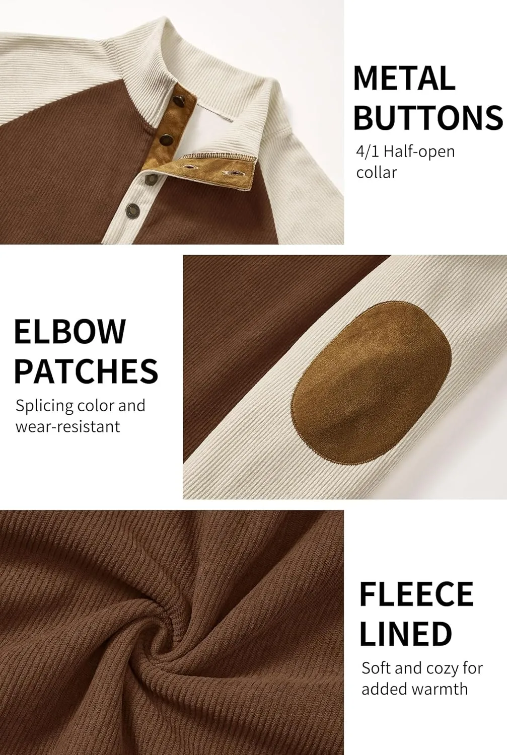 Mens Corduroy Fleece Lined Sweatshirts Long Sleeve Heavyweight Casual Button Pullover (S-XXL)