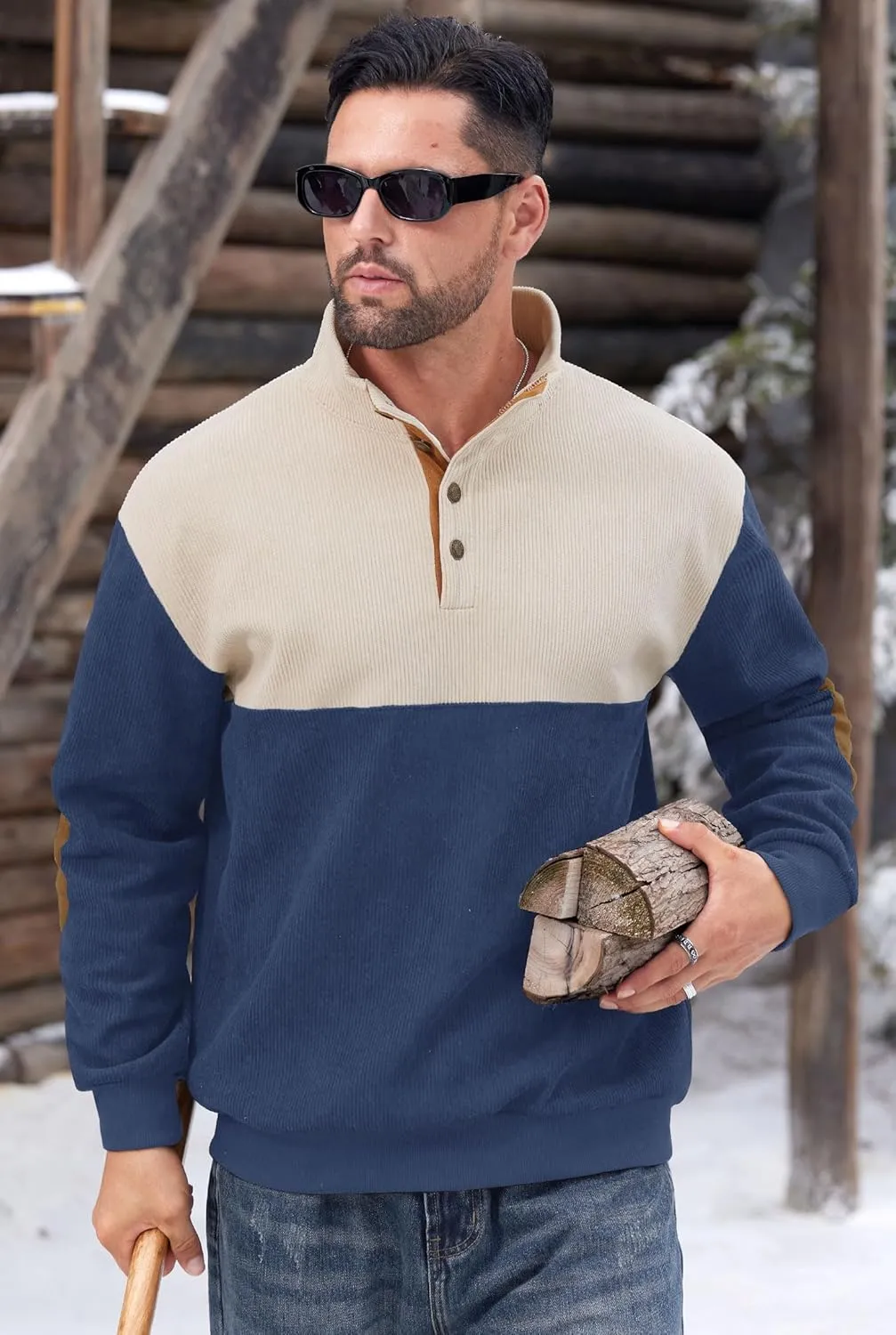 Mens Corduroy Fleece Lined Sweatshirts Long Sleeve Heavyweight Casual Button Pullover (S-XXL)