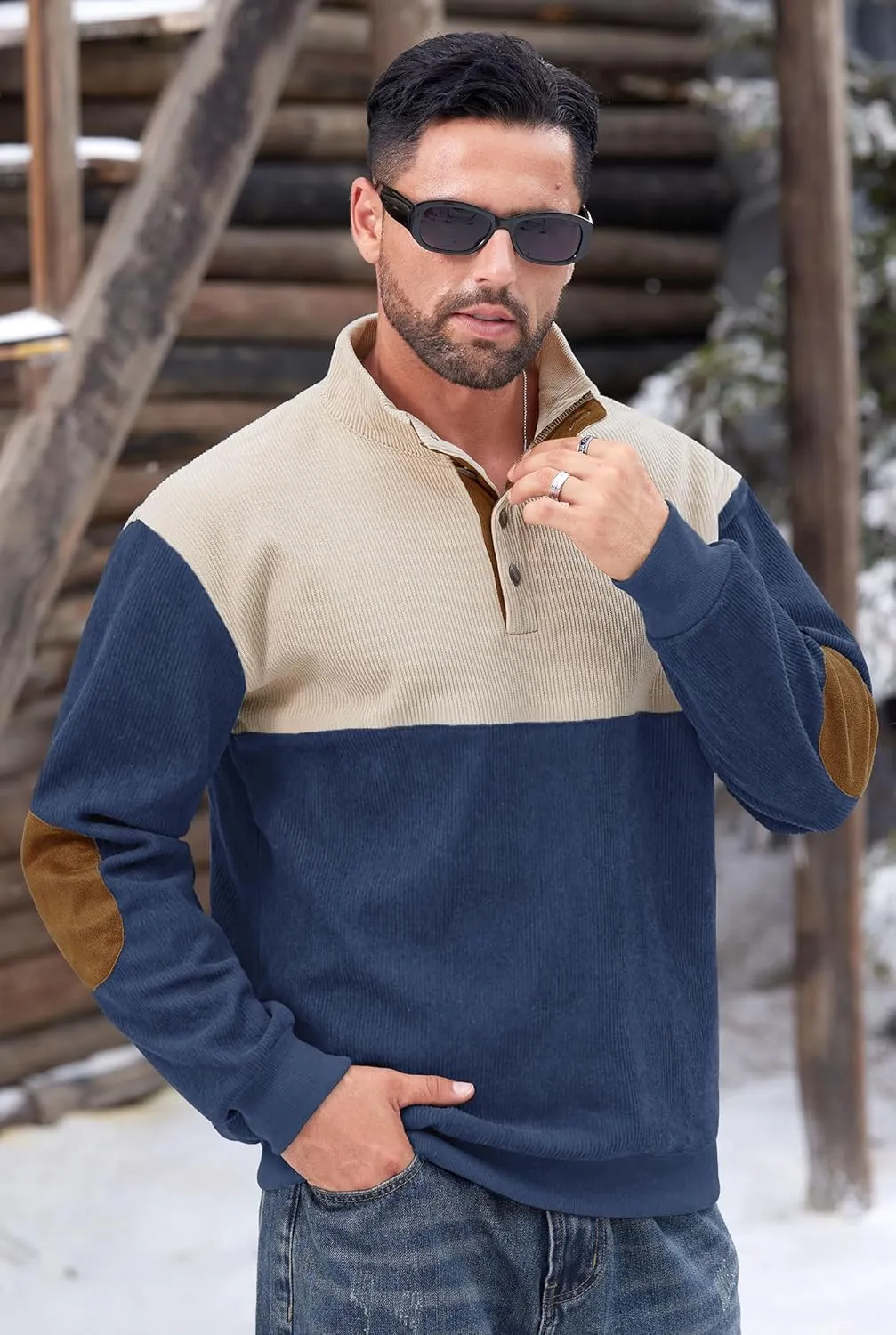 Mens Corduroy Fleece Lined Sweatshirts Long Sleeve Heavyweight Casual Button Pullover (S-XXL)
