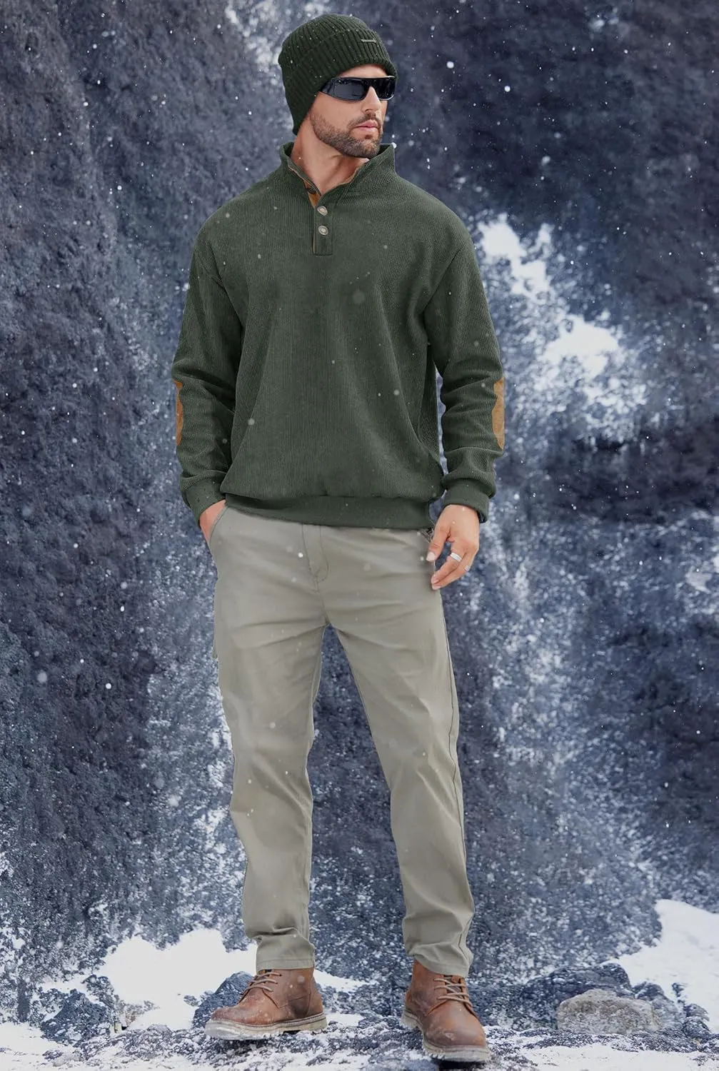 Mens Corduroy Fleece Lined Sweatshirts Long Sleeve Heavyweight Casual Button Pullover (S-XXL)