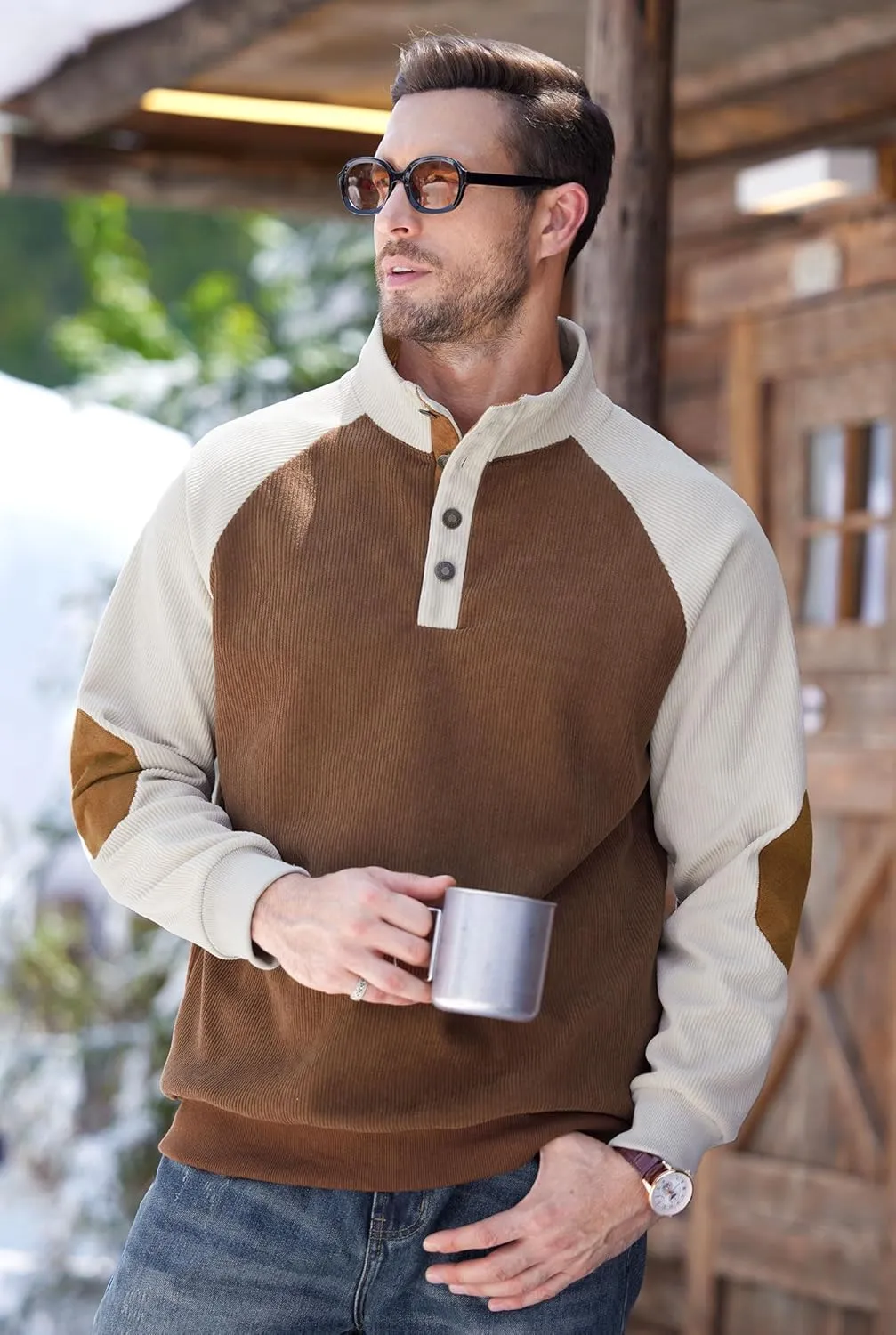 Mens Corduroy Fleece Lined Sweatshirts Long Sleeve Heavyweight Casual Button Pullover (S-XXL)