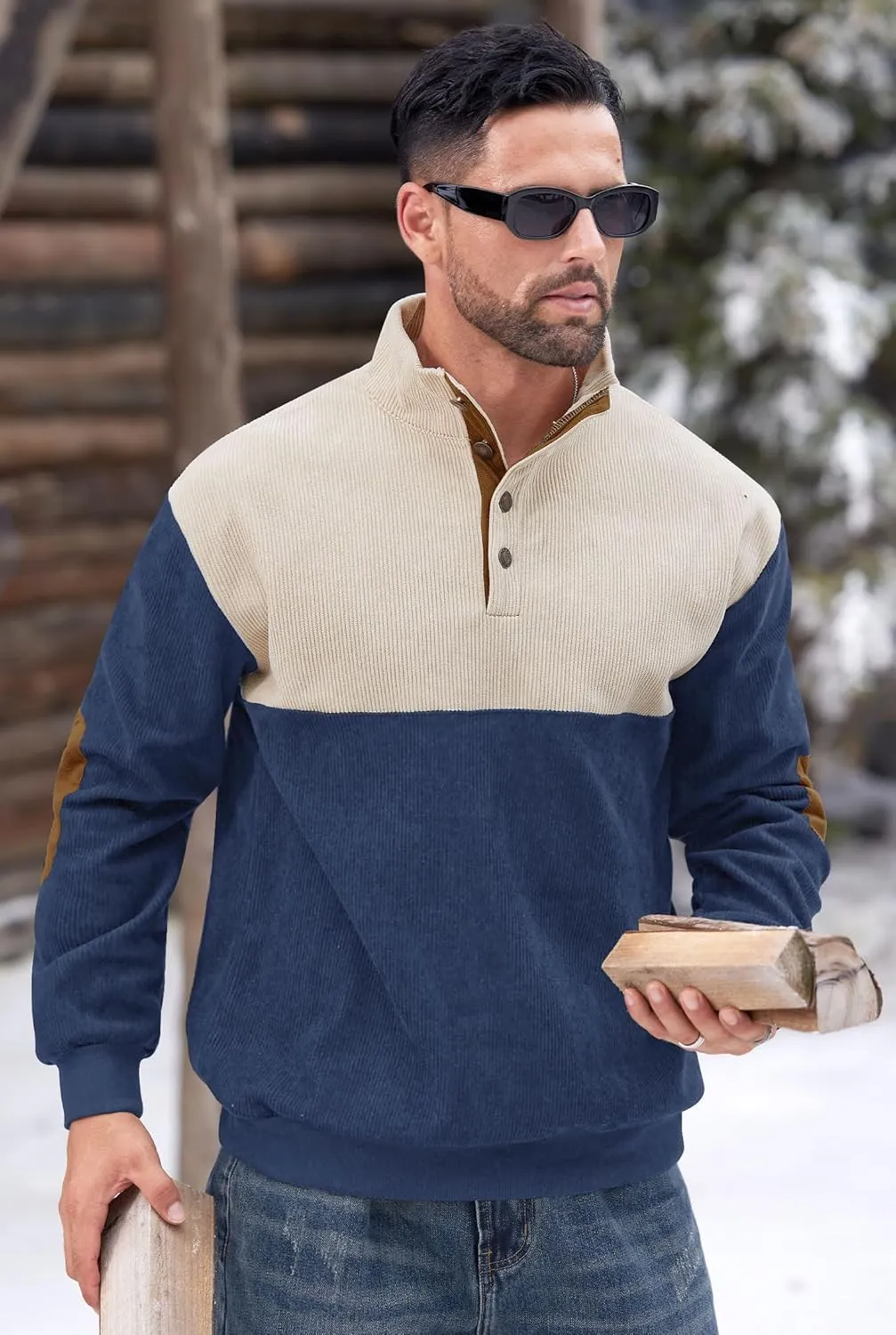 Mens Corduroy Fleece Lined Sweatshirts Long Sleeve Heavyweight Casual Button Pullover (S-XXL)
